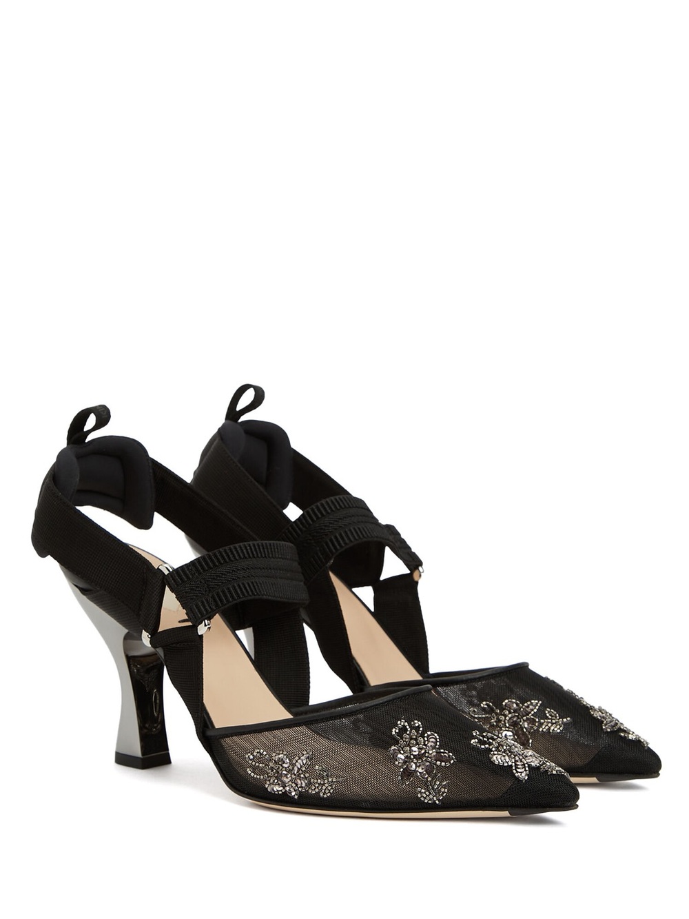 Embellished Black Mesh Mid-Heel Slingback Pumps